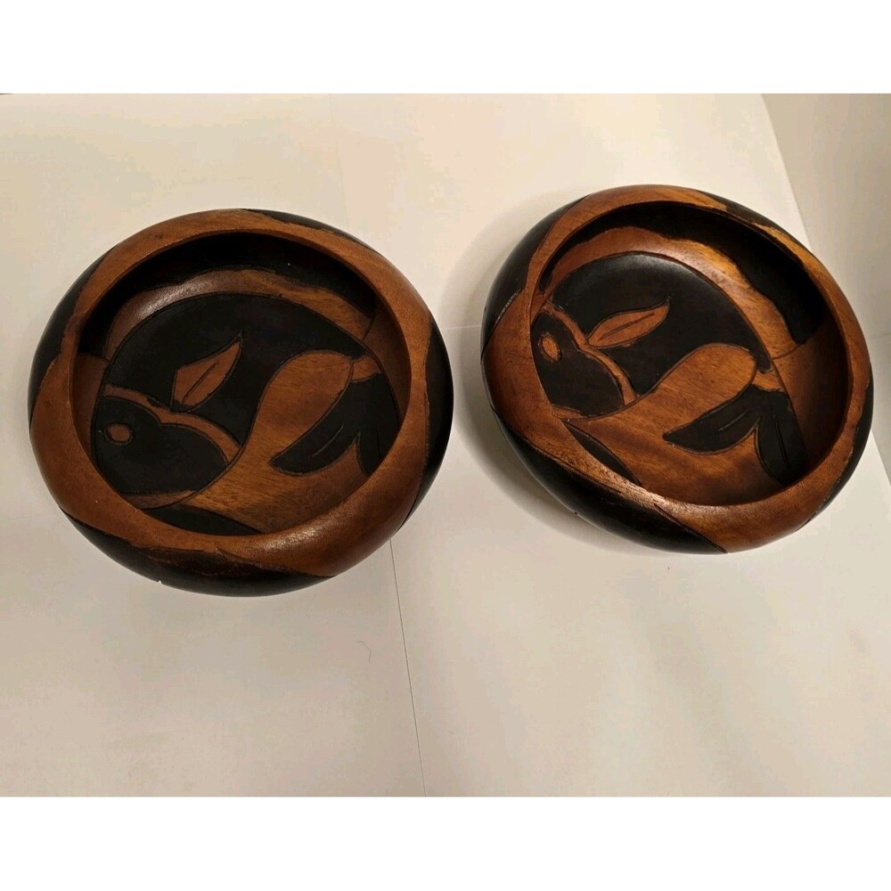 Vintage Wooden Two Toned Handmade Fish Bowls Set Of 2